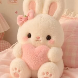 White bunny plushie with pink bow and heart